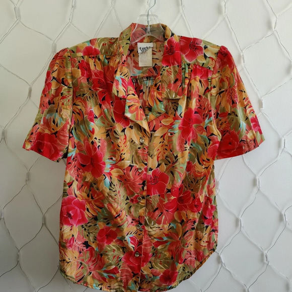 Vintage Floral Blouse / 80s / Red / Yellow & Green / Medium - Picture 1 of 5